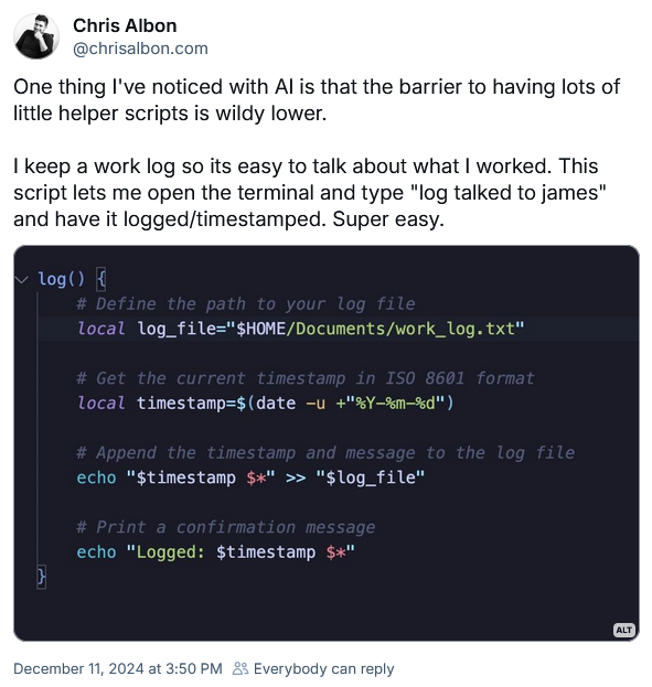 Screenshot of a Blueksy post by Chris Albon of a script he uses for logging. 